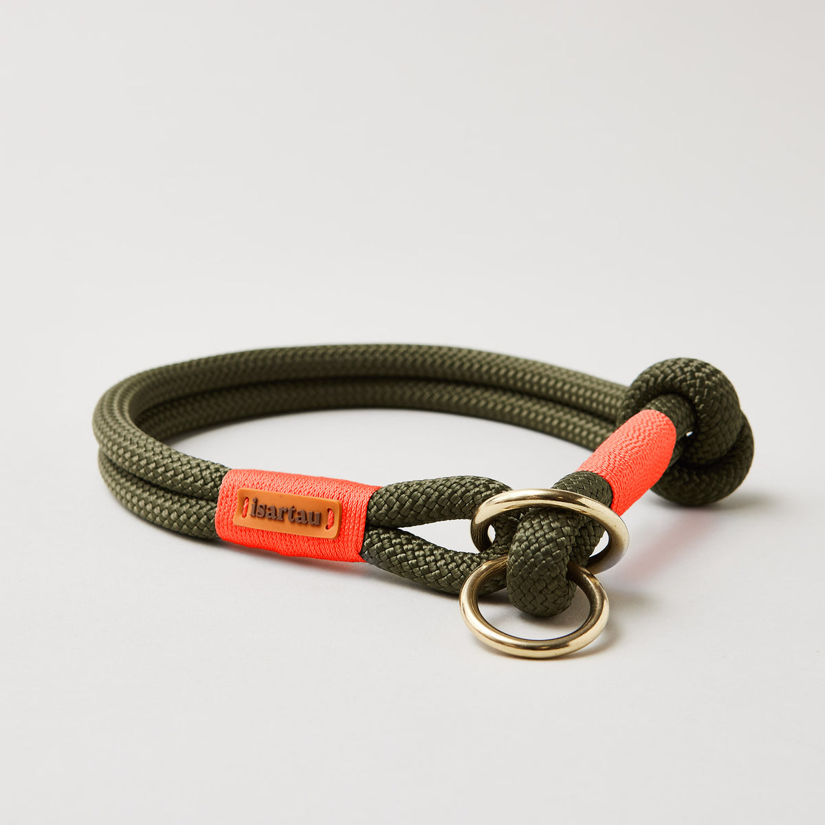 Tau Zugstopp Halsband aus olivfarbenem Kletterseil Olive Grove Neonorange, Messing