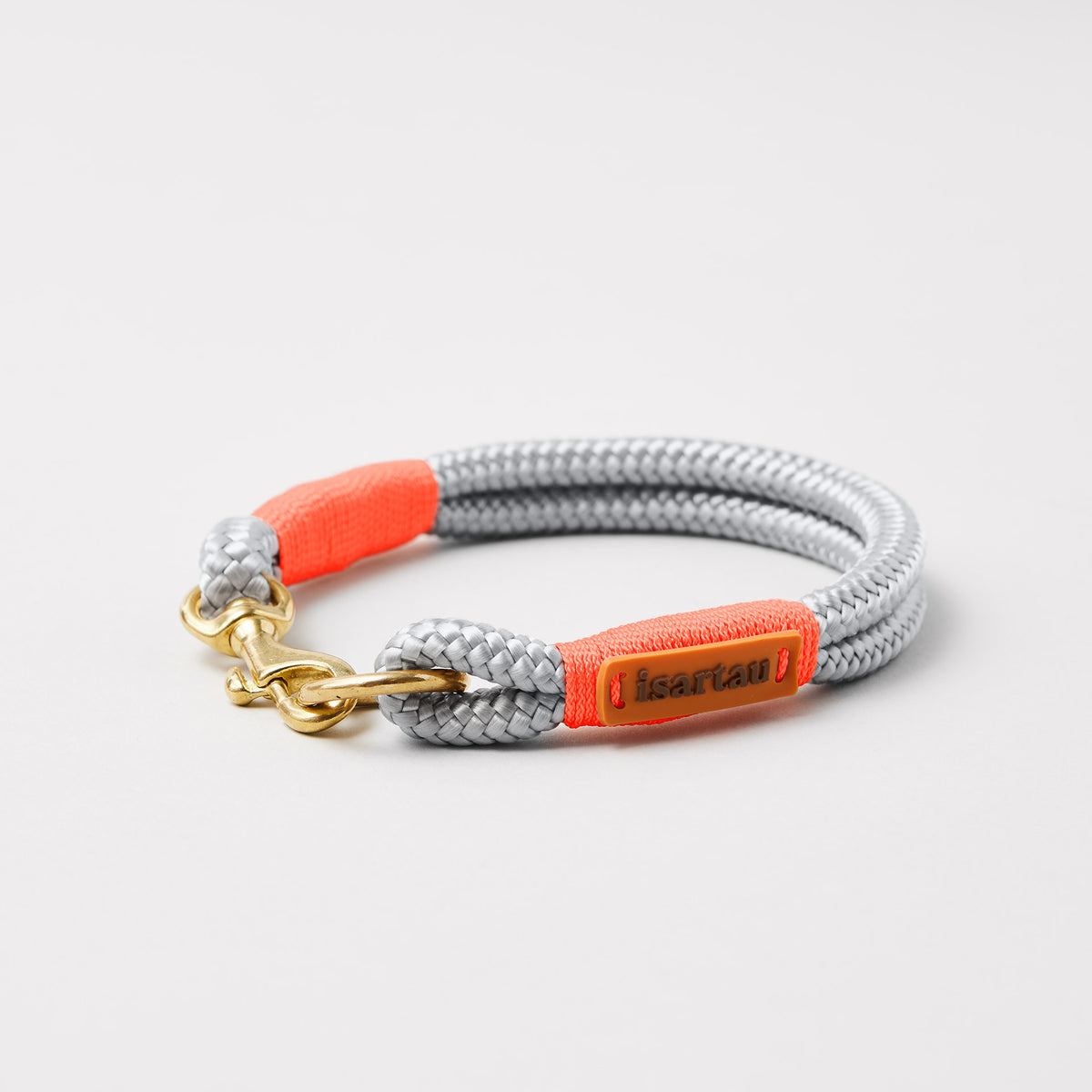 Tauhalsband Feste Halsung Pebble Stone Neonorange 8 mm, Messing-Beschläge, hellgraues Tau mit neonoranger Takelung