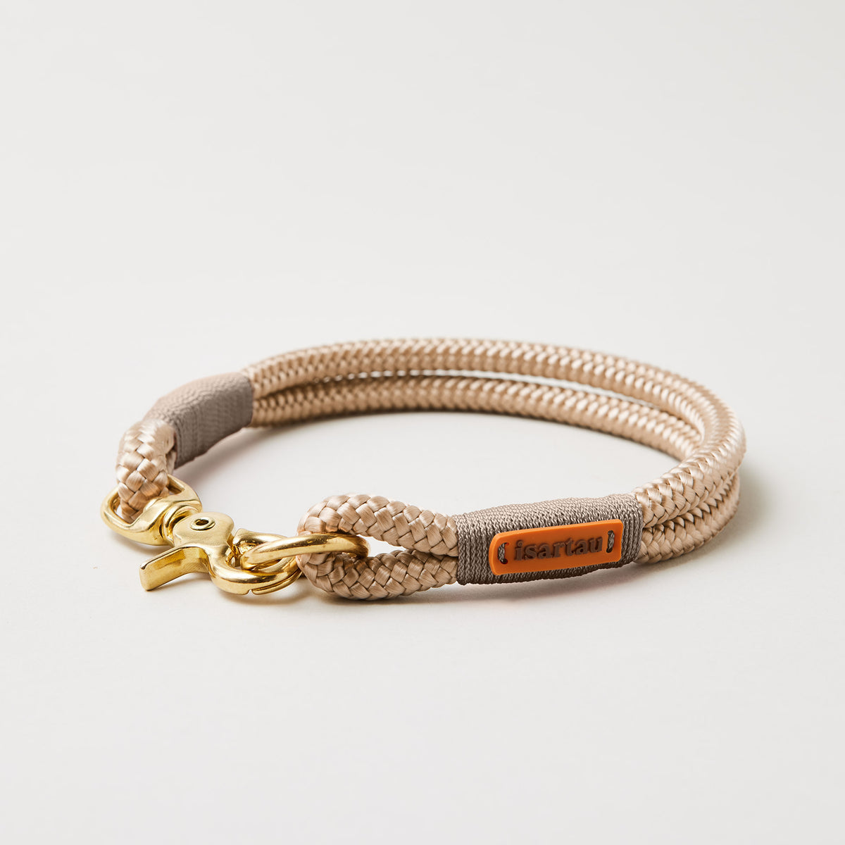 Hundehalsband Wood Owl Sand 10 mm mit Messing-Beschlägen, beiges Tau mit sandfarbener Takelung