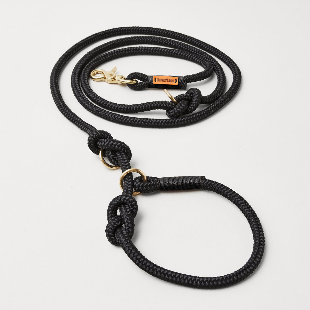Retrieverleine aus Tau Black Mamba Schwarz, Halsung mit integrierter Leine, Messing Karabiner, schwarzes Tau mit schwarzer Takelung, 2-fach längenverstellbar