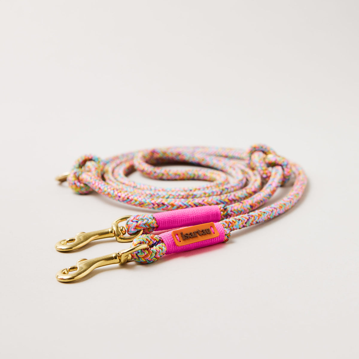 Hundeleine aus Tau Easy Summer Neonpink 8 mm verstellbar mit leichten Messing-Karabinern, buntes Tau mit neonpinker Takelung, Längenverstellbar über Knoten