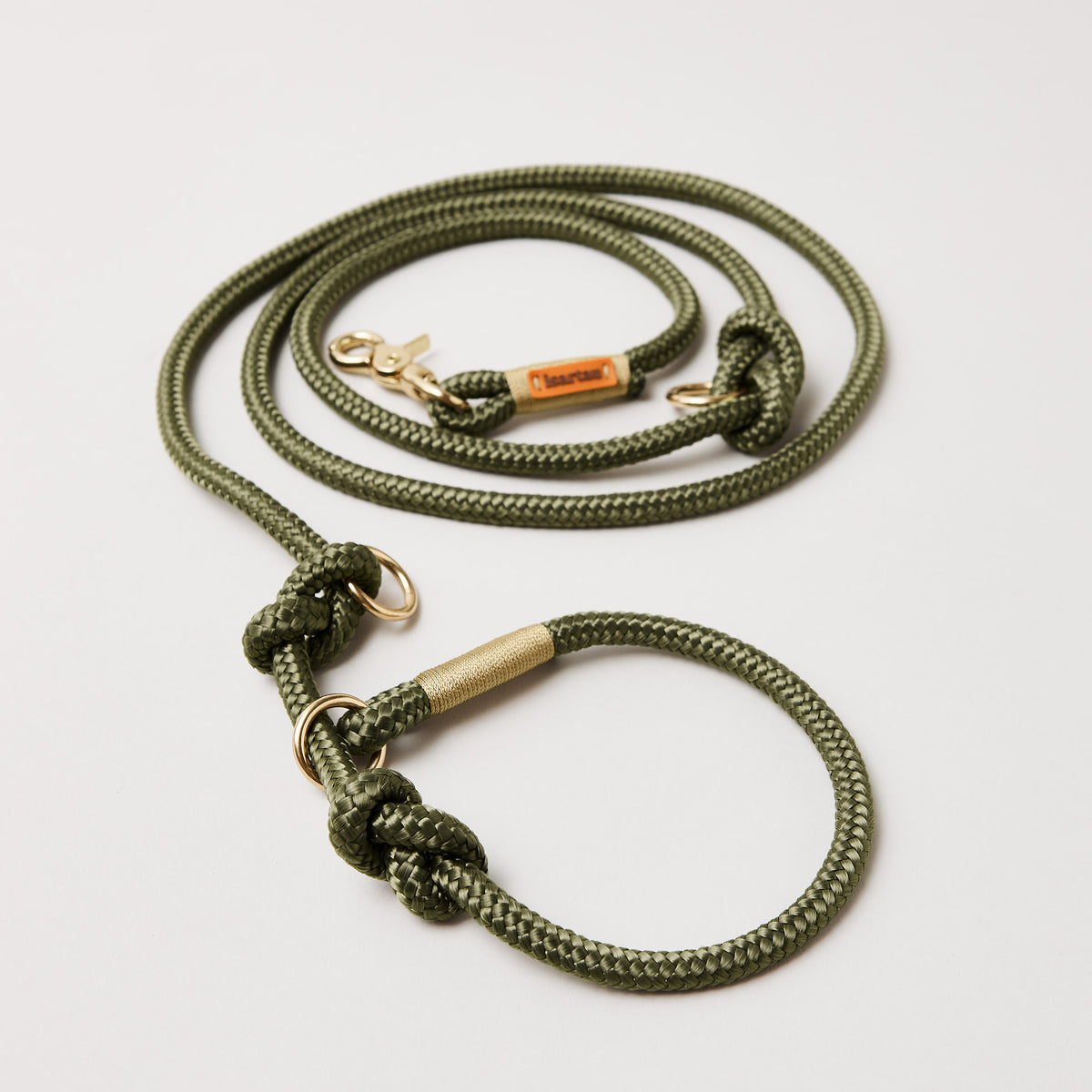 Retrieverleine aus Tau Olive Grove Gold, Halsung mit integrierter Leine, goldene Messingkarabiner, 2-fach längenverstellbar, erhältlich in 8 und 10 mm