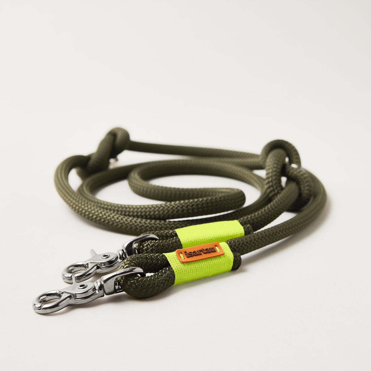 Hundeleine Olive Grove Neongelb 10 mm verstellbar mit silberfarbenen Scherenkarabinern, olivfarbenes Kletterseil mit neongelber Takelung, Längenverstellbar