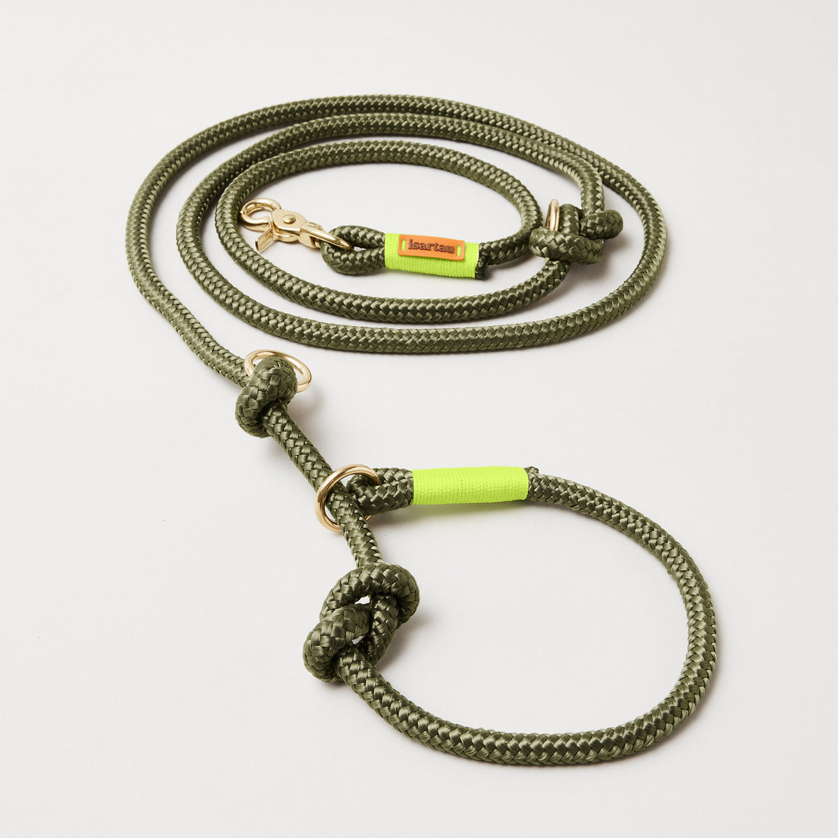 Retrieverleine aus Tau Olive Grove Neongelb, Halsung mit integrierter Leine, goldene Messingkarabiner, 2-fach längenverstellbar, erhältlich in 8 und 10 mm