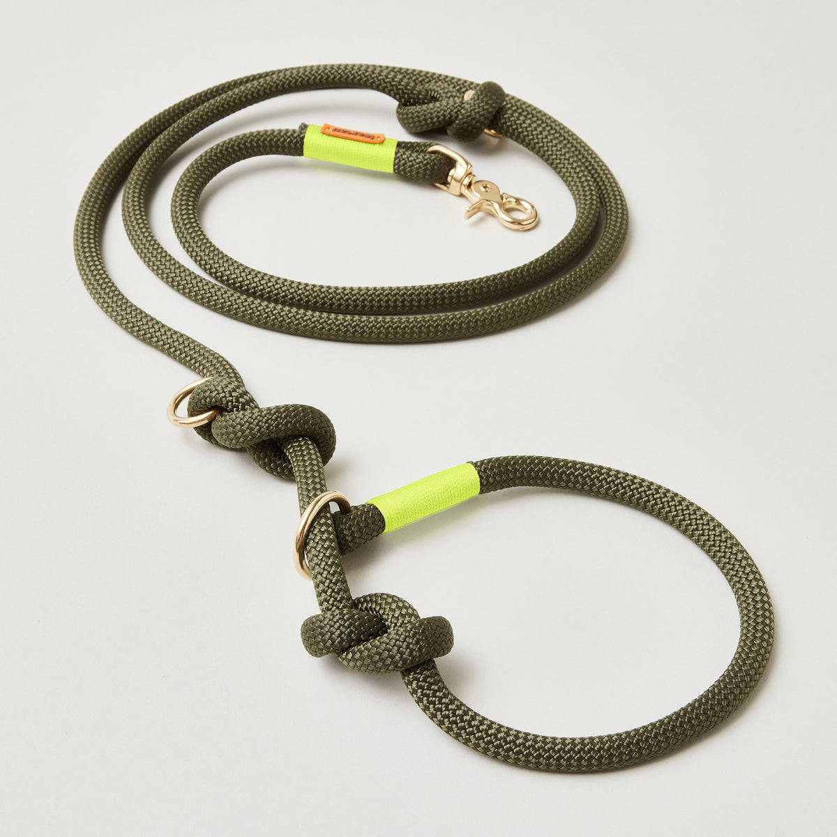 Tau Retrieverleine aus Kletterseil Olive Grove Neongelb, Messing, 2-fach verstellbar