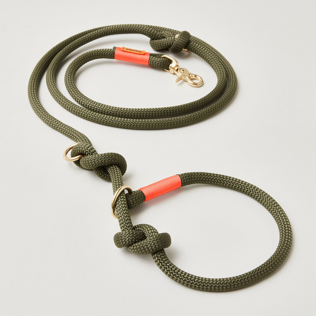 Retrieverleine aus Tau Olive Grove Neonorange, Halsung mit integrierter Leine, goldene Messingkarabiner, 2-fach längenverstellbar
