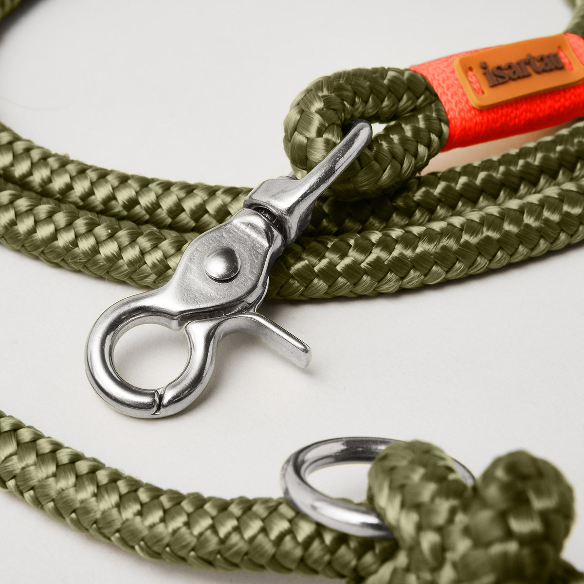 silberfarbener Scherenkarabiner  an Softtau 10mm, Olive Grove Neonorange