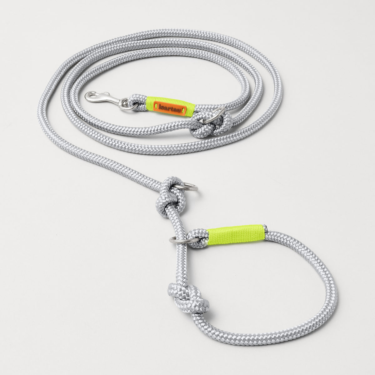 Retrieverleine aus Tau Pebble Stone Neongelb, Halsung mit integrierter Leine, silberne Karabiner, 2-fach längenverstellbar, erhältlich in 8mm