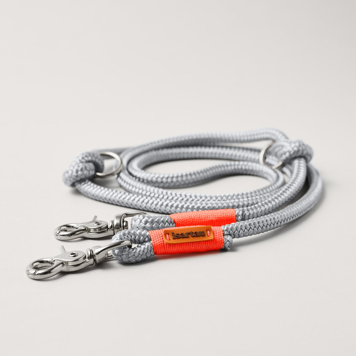 Hundeleine aus Tau Pebble Stone Neonorange 10 mm, hellgraues Tau mit neonoranger Takelung, Längenverstellbar 