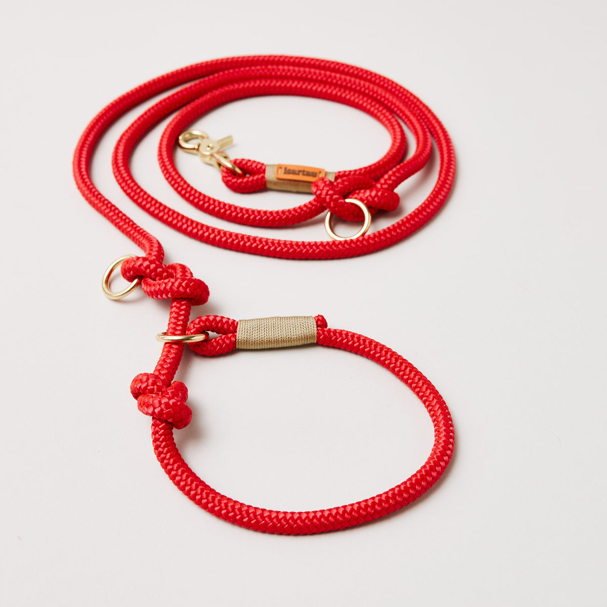 Retrieverleine aus Tau Red Fairy GOLD, Halsung mit integrierter Leine, goldene Messingkarabiner, 2-fach längenverstellbar