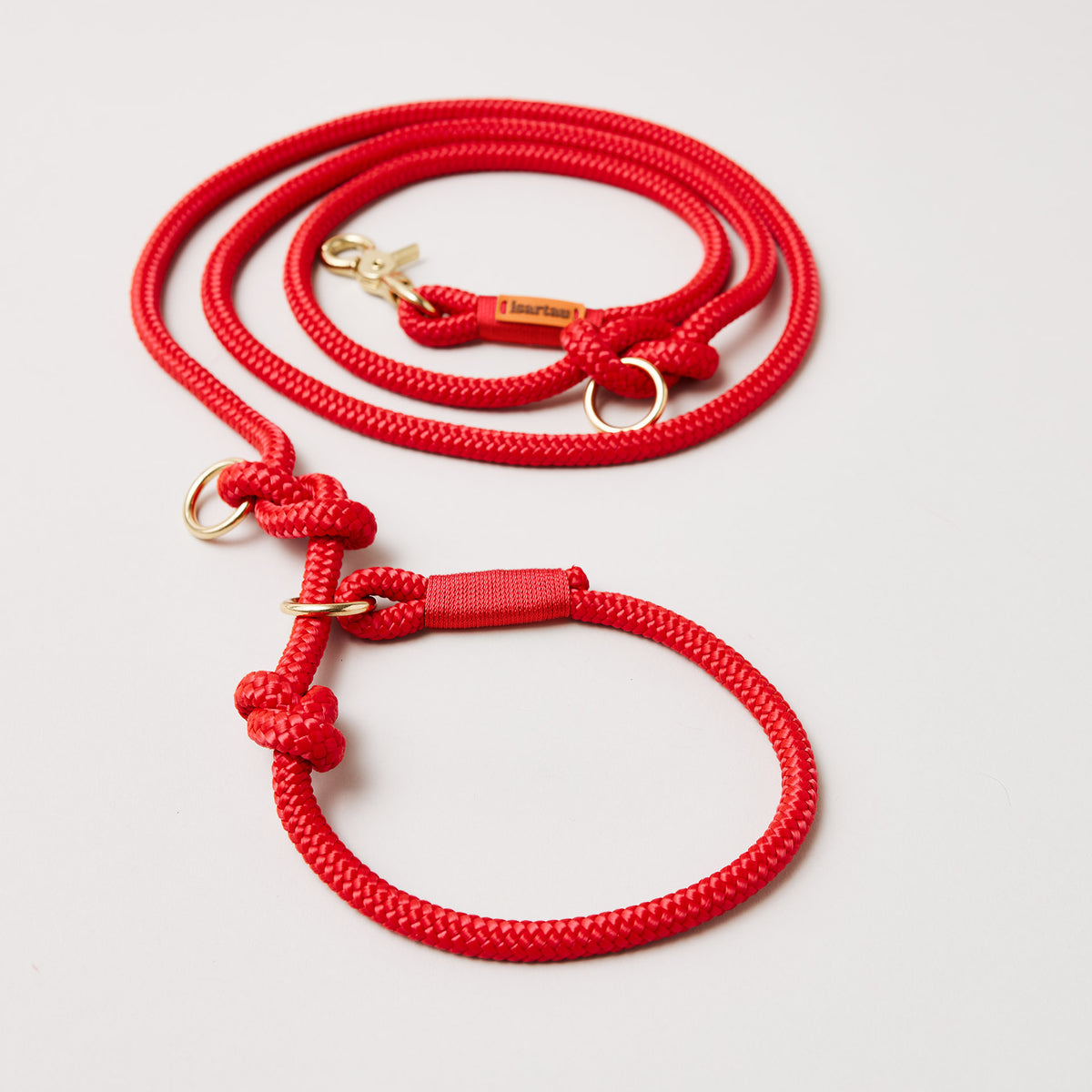 Rote Retrieverleine Red Fairy Rot mit integrierter Halsung, goldene Messingkarabiner, 2-fach längenverstellbar