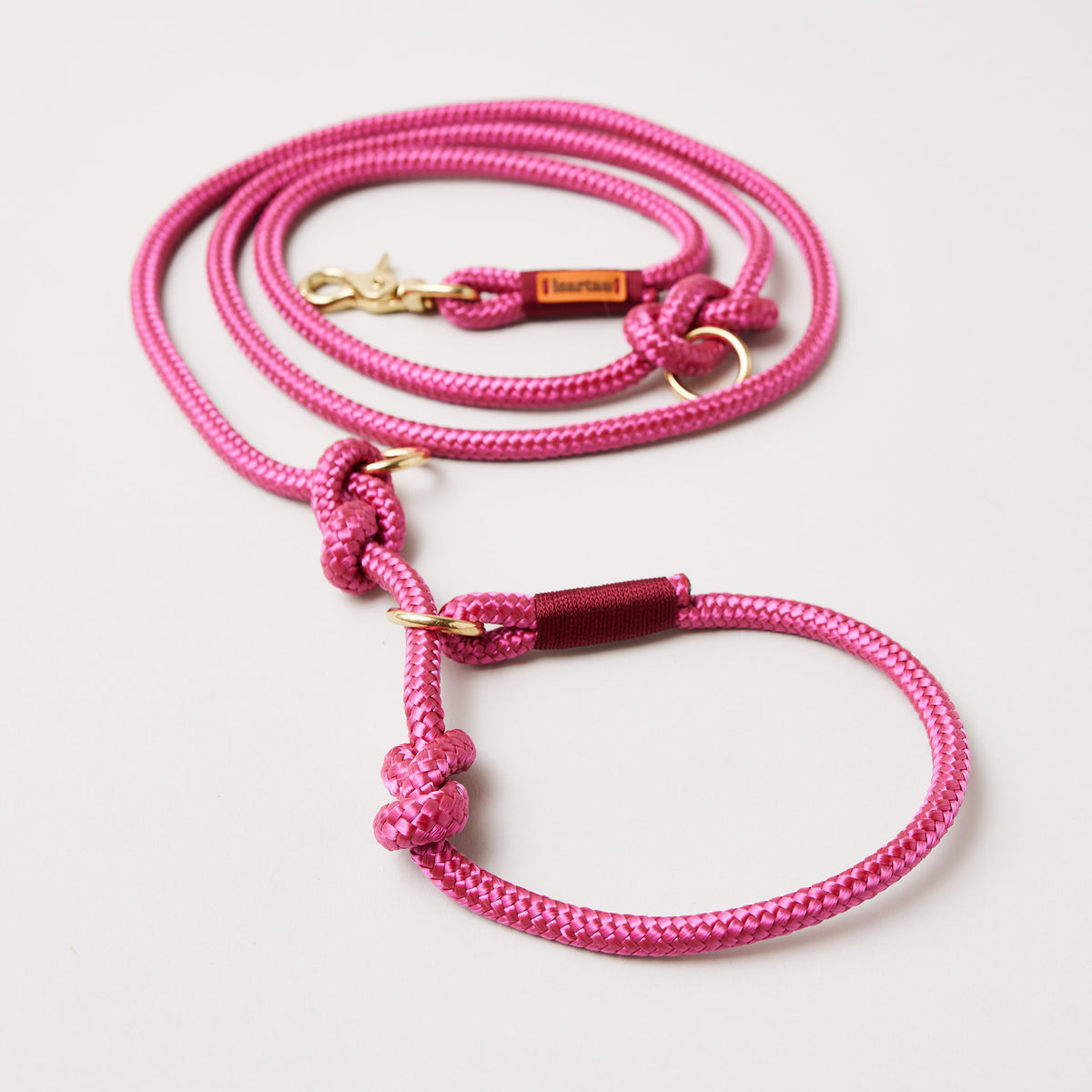 Retrieverleine Viva Magenta Burgunder, Halsung mit integrierter Leine, goldene Messingkarabiner, 2-fach längenverstellbar