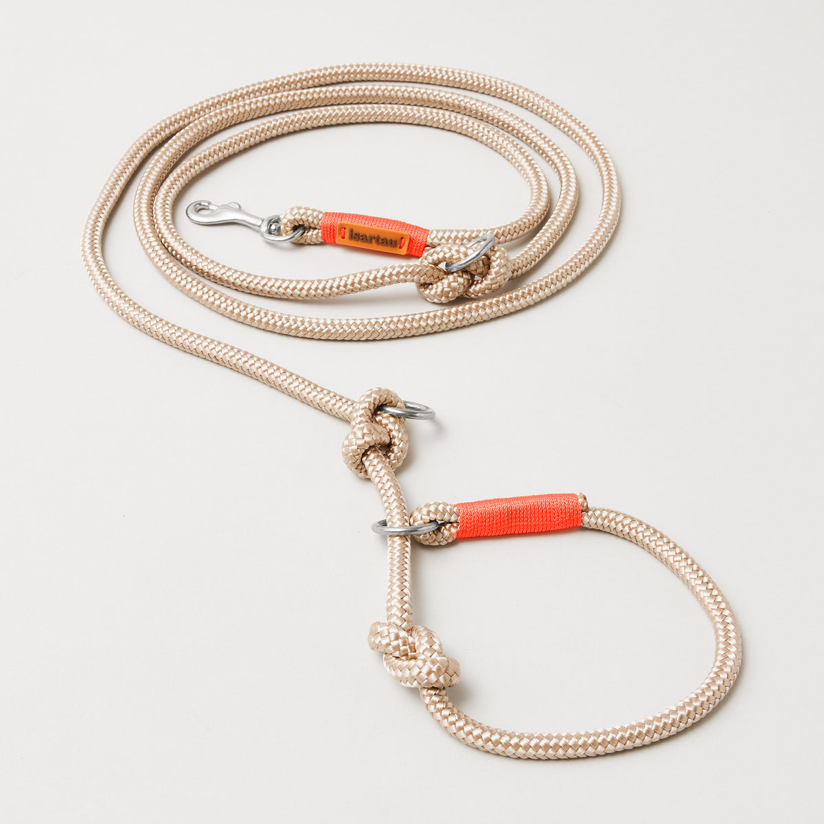 Retrieverleine aus Tau Wood Owl Neonorange, Halsung mit integrierter Leine, silberfarbene Bolzenkarabiner, 2-fach längenverstellbar, erhältlich in 8 mm 