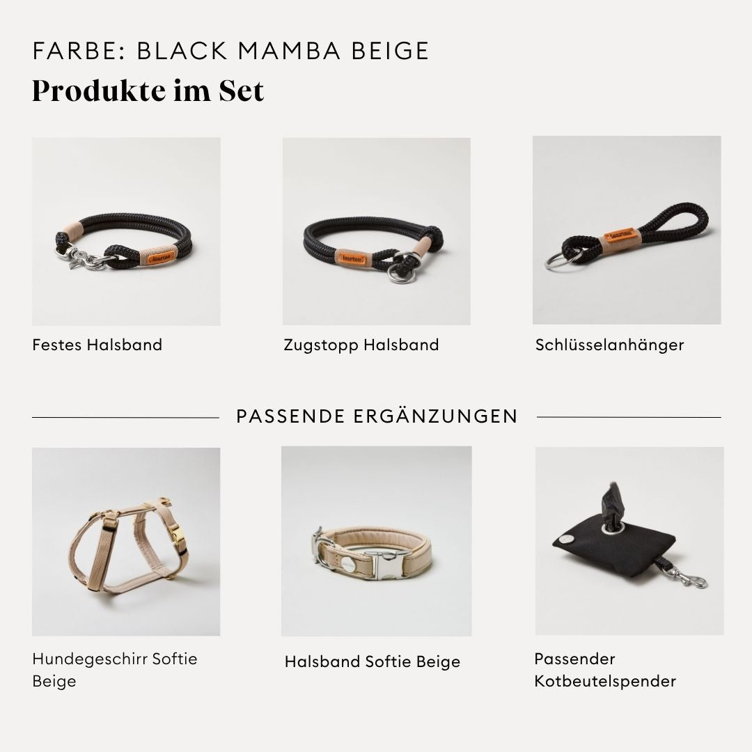 isartau Black Mamba Beige, Tauhalsband und Tauleine im Set kombiniert