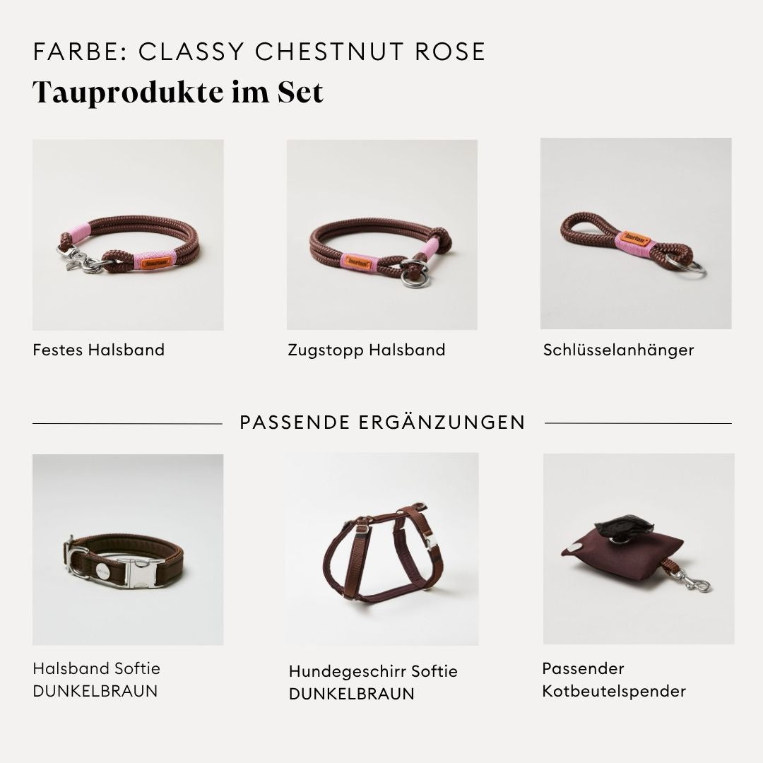 isartau Classy Chestnut Rose, Tauhalsband und Tauleine im Set kombiniert