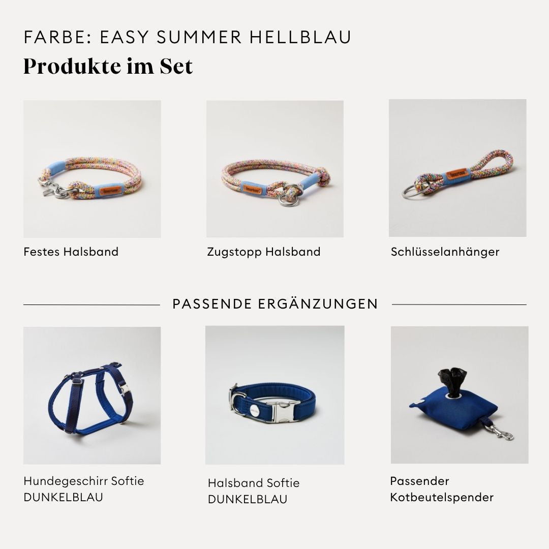 isartau Easy Summer Hellblau, Tauhalsband und Tauleine im Set kombiniert