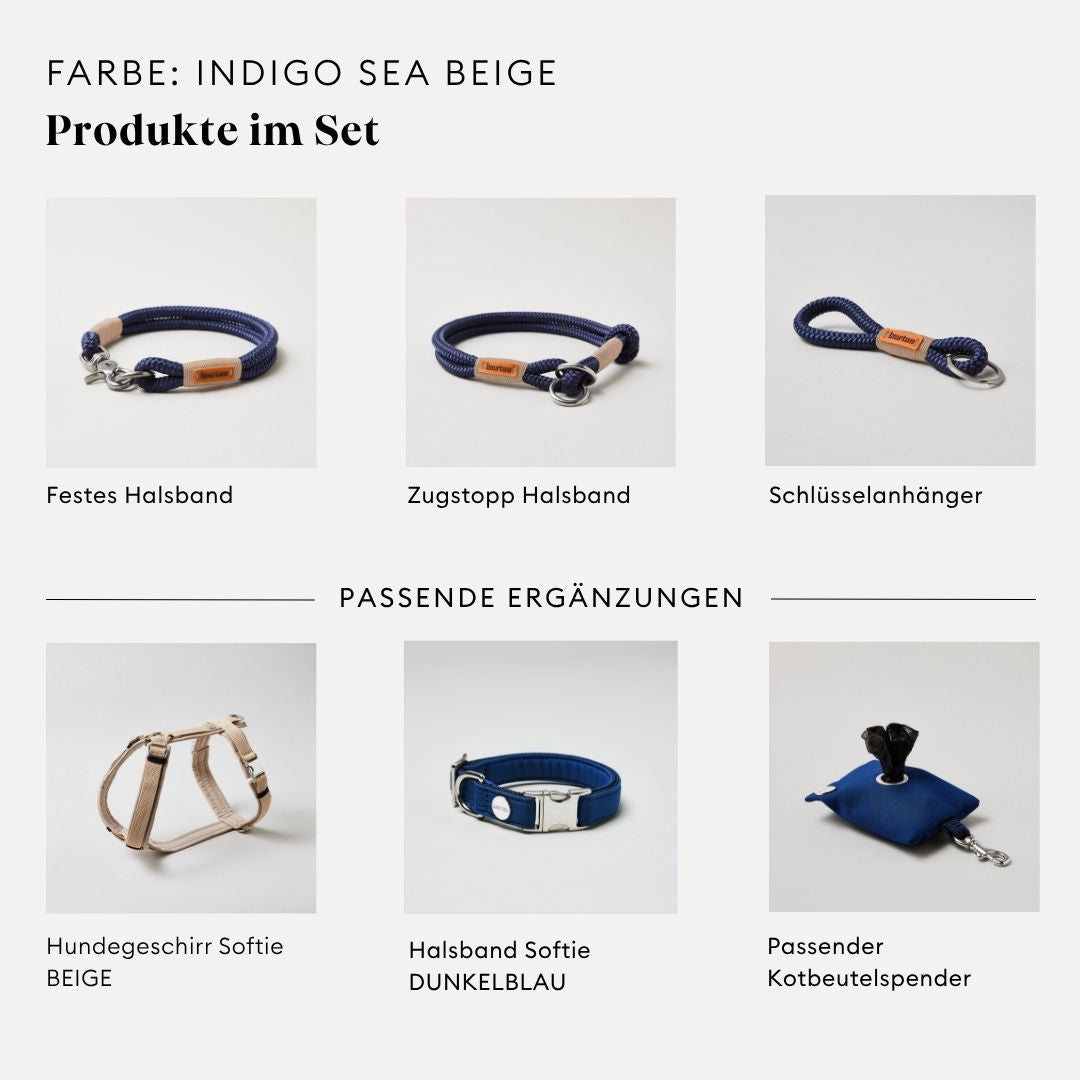 isartau Indigo Sea Beige, Tauhalsband und Tauleine im Set kombiniert