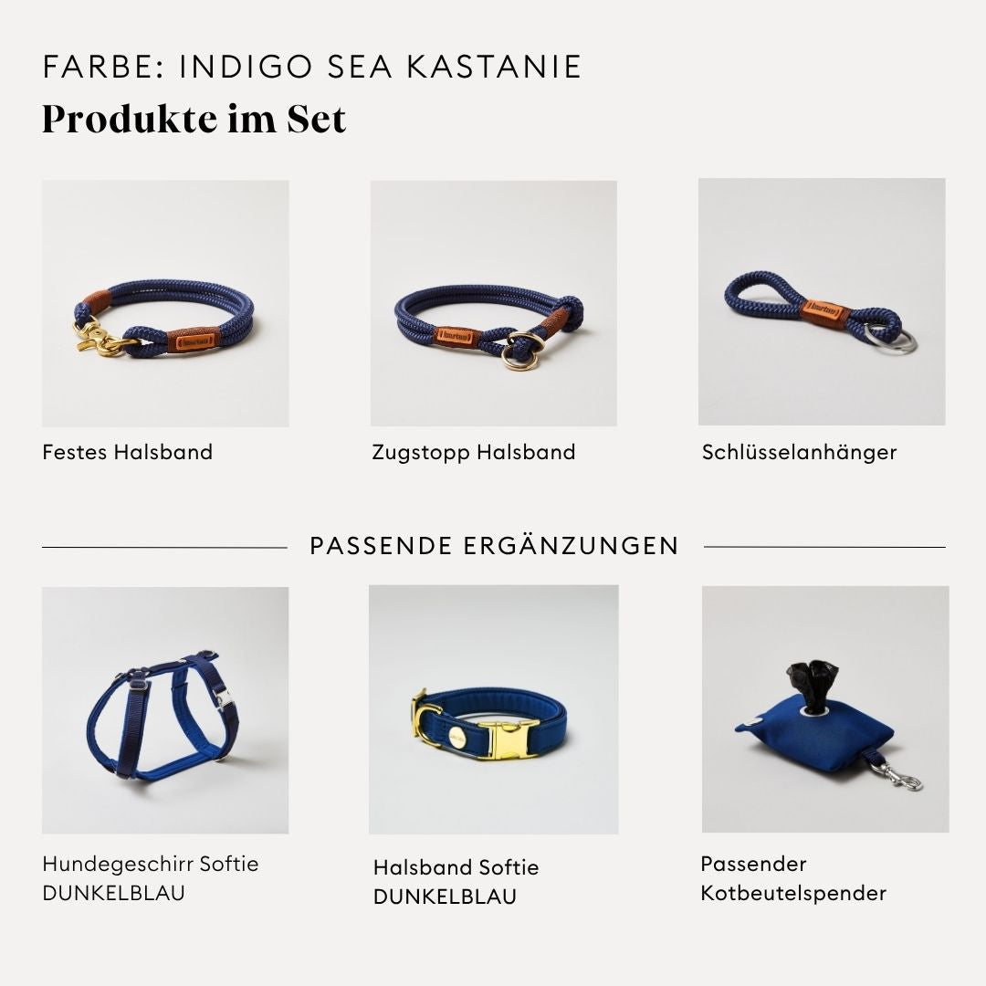 isartau Indigo Sea Kastanie, Tauhalsband und Tauleine im Set kombiniert