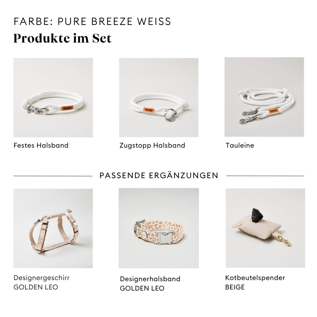 isartau Pure Breeze Weiß, Tauhalsband und Tauleine im Set kombiniert