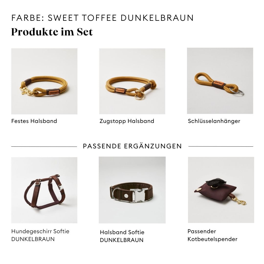 isartau Sweet Toffee Dunkelbraun, Tauhalsband und Tauleine im Set kombiniert