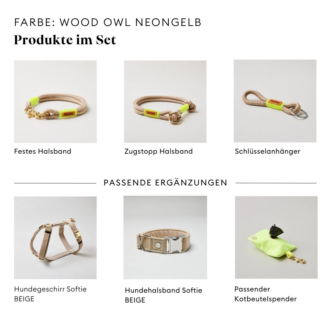 isartau Wood Owl Neongelb, Tauhalsband und Tauleine im Set kombiniert