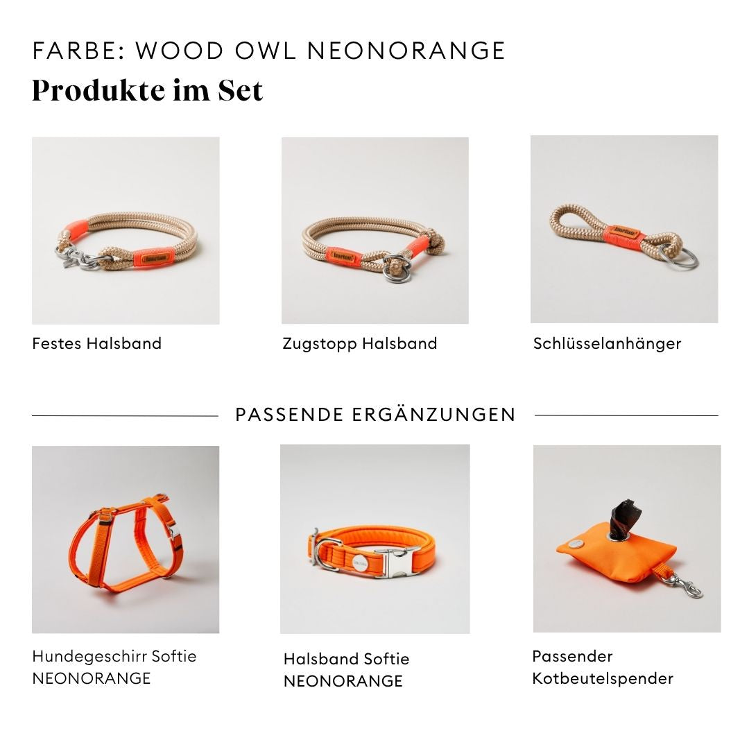 isartau Wood Owl Neonorange, Tauhalsband und Tauleine im Set kombiniert