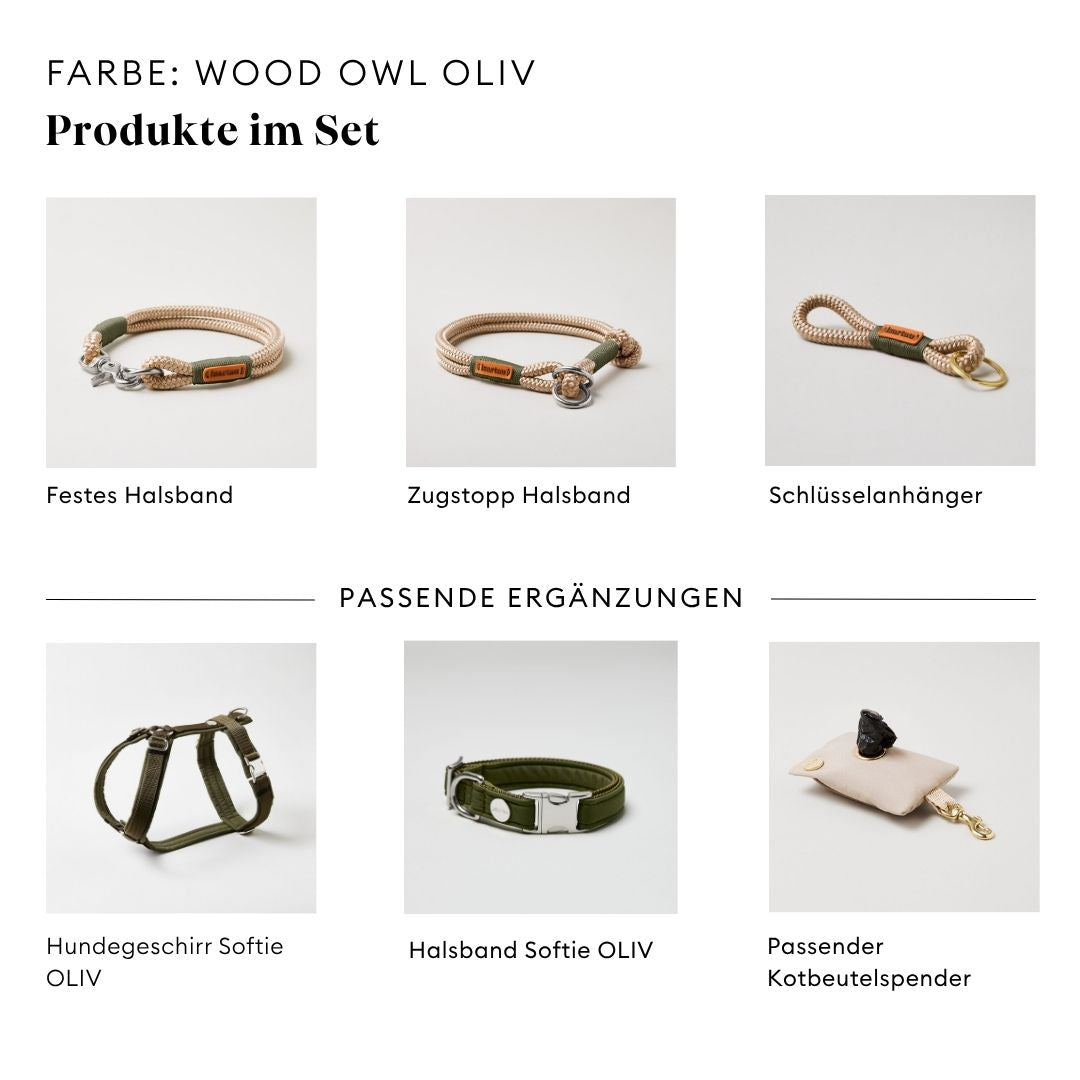 isartau Wood Owl Oliv, Tauhalsband und Tauleine im Set kombiniert