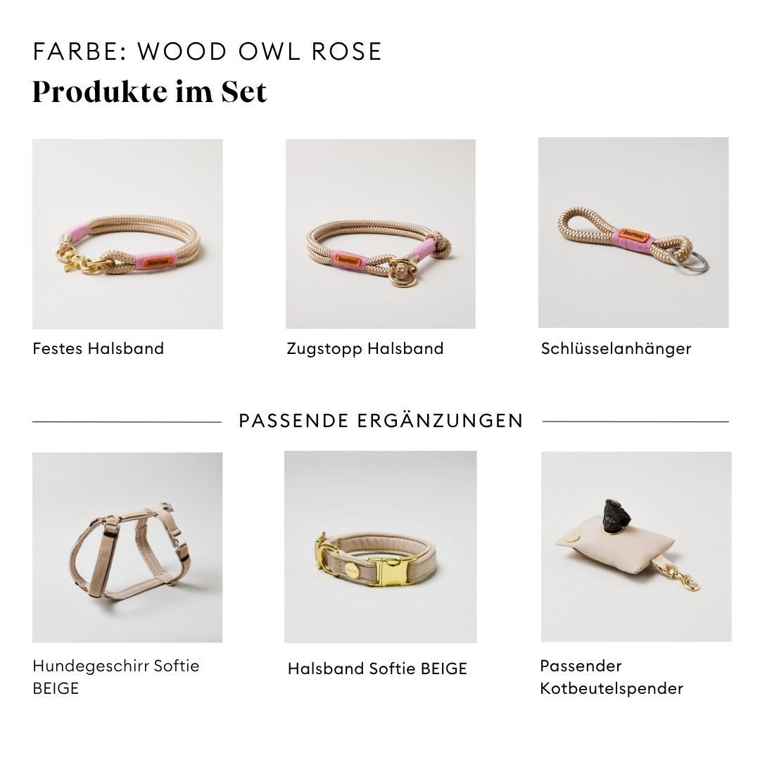 isartau Wood Owl Rose, Tauhalsband und Tauleine im Set kombiniert