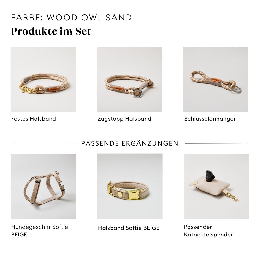 isartau Wood Owl Sand, Tauhalsband und Tauleine im Set kombiniert