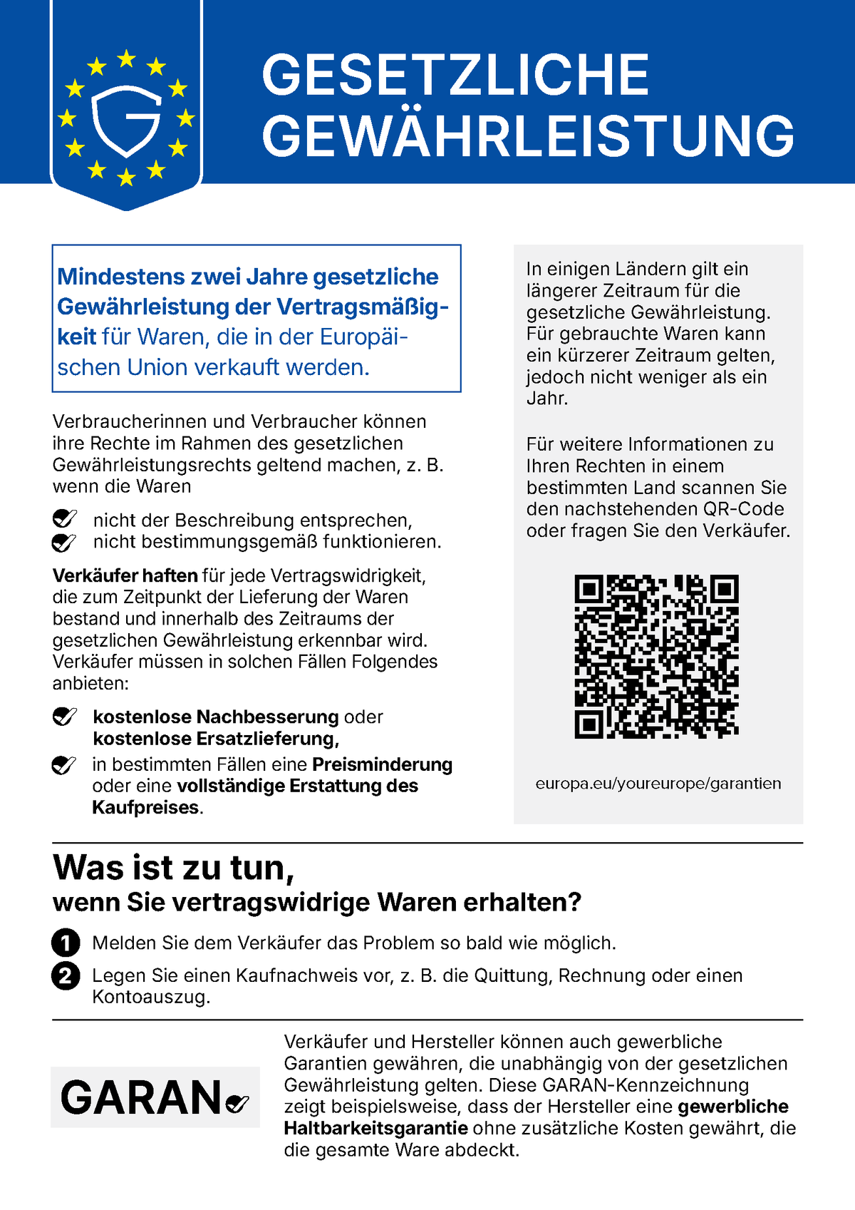 Amtlicher EU-Hinweis zur gesetzlichen Gewährleistung