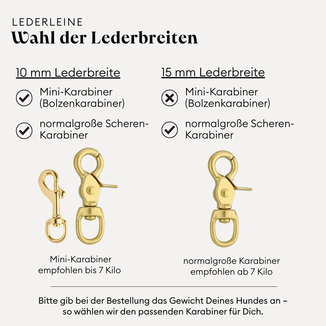 isartau Lederleine, Lederbreiten im Vergleich mit Mini- und Scherenkarabiner aus Messing