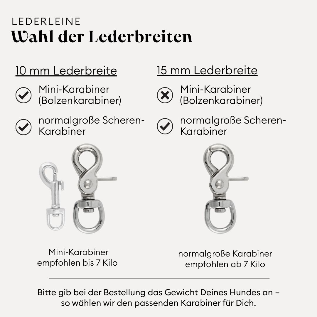 isartau Lederleine, Lederbreiten im Vergleich mit Mini- und Scherenkarabiner aus Edelstahl