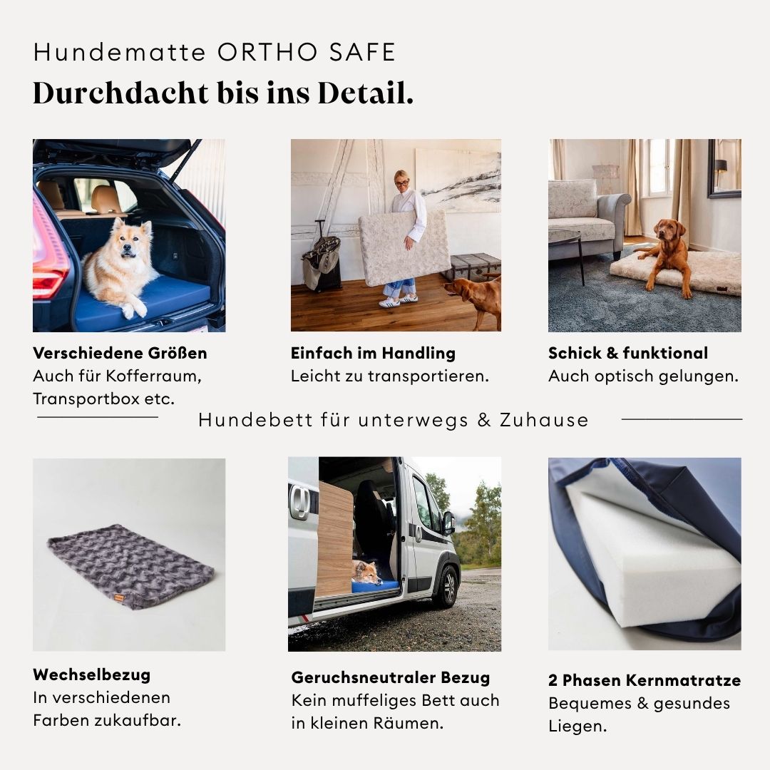 isartau Grafik über die Qualitätsmerkmale der orthopädischen Hundematte Safe
