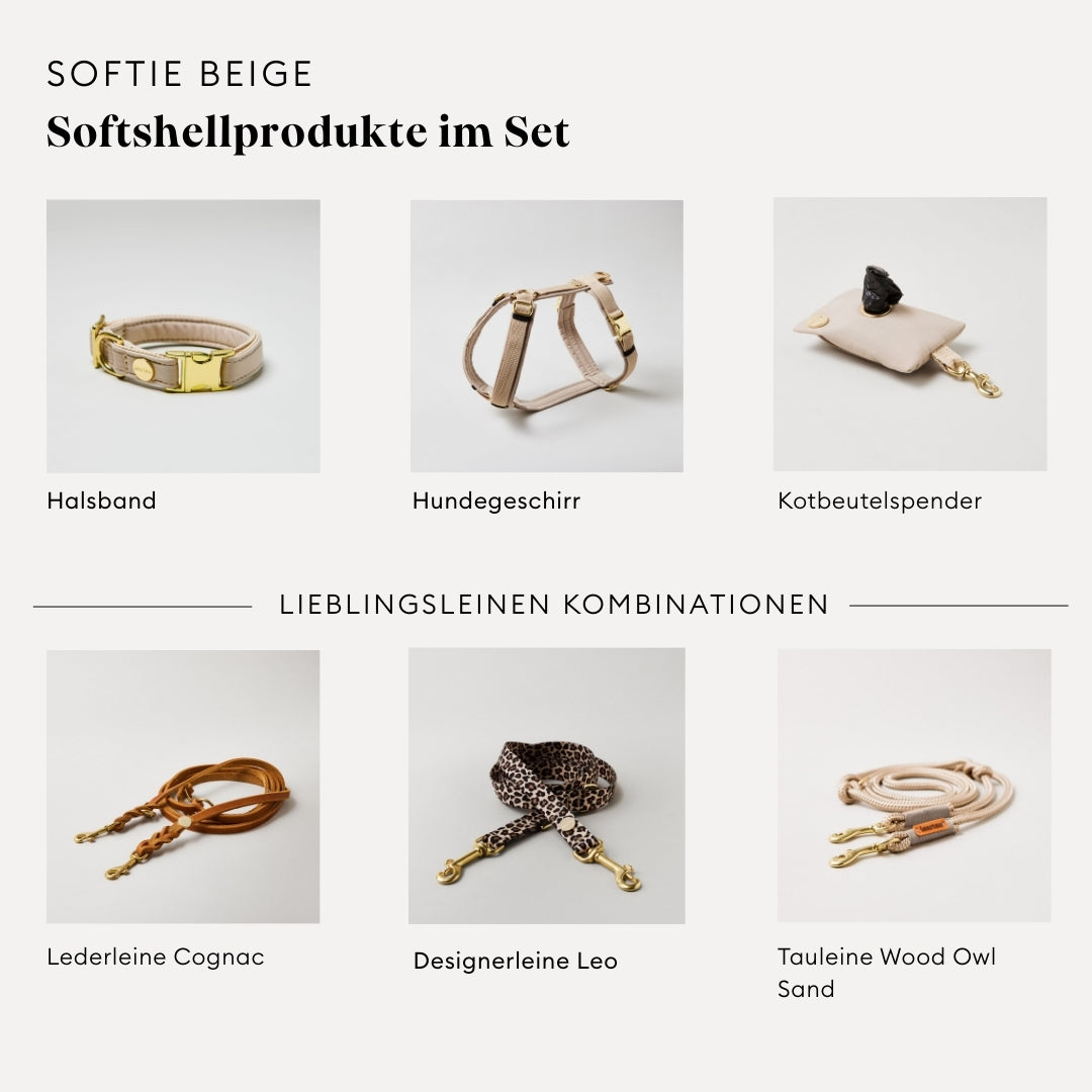 isartau Softie Beige, Hundegeschirr, Halsband und Kotbeutelspender im Set kombiniert