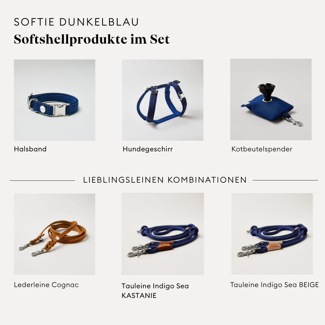 isartau Softie Dunkelblau, Hundegeschirr, Halsband und Kotbeutelspender im Set kombiniert