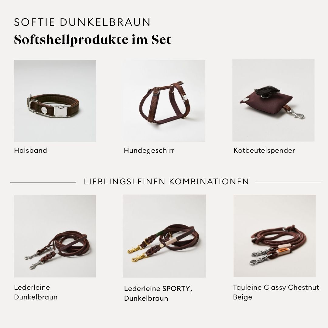 isartau Softie Dunkelbraun, Hundegeschirr, Halsband und Kotbeutelspender im Set kombiniert