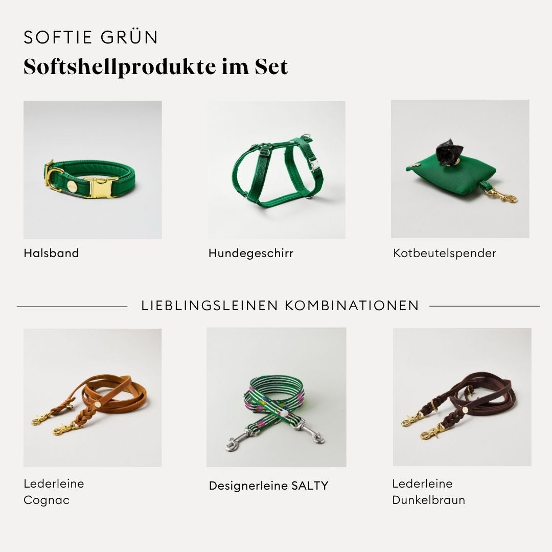 isartau Softie Grün, Hundegeschirr, Halsband und Kotbeutelspender im Set kombiniert
