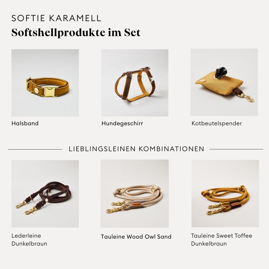 isartau Softie Karamell, Hundegeschirr, Halsband und Kotbeutelspender im Set kombiniert
