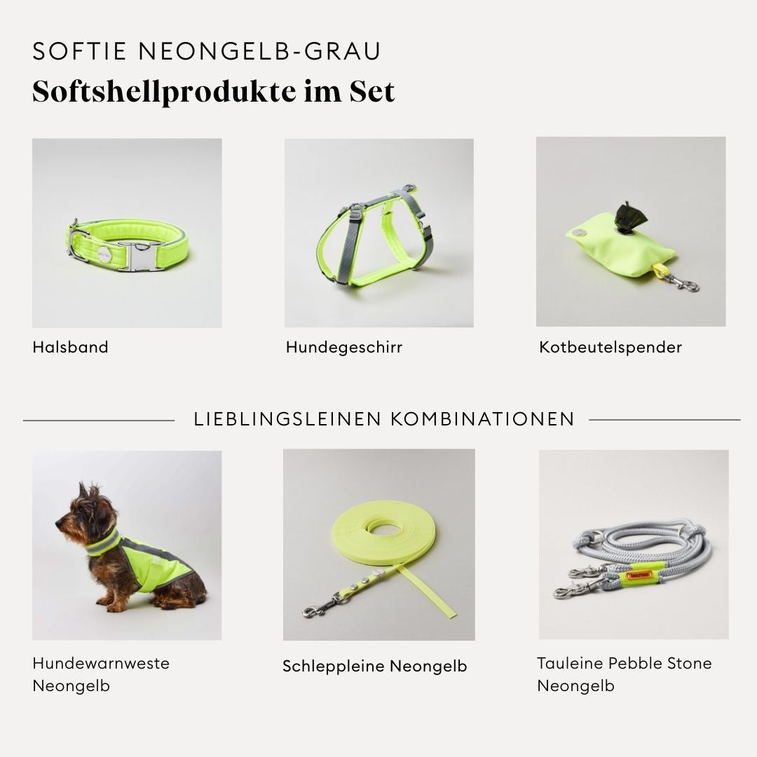 isartau Softie Neongelb-Grau, Hundegeschirr, Halsband und Kotbeutelspender im Set kombiniert