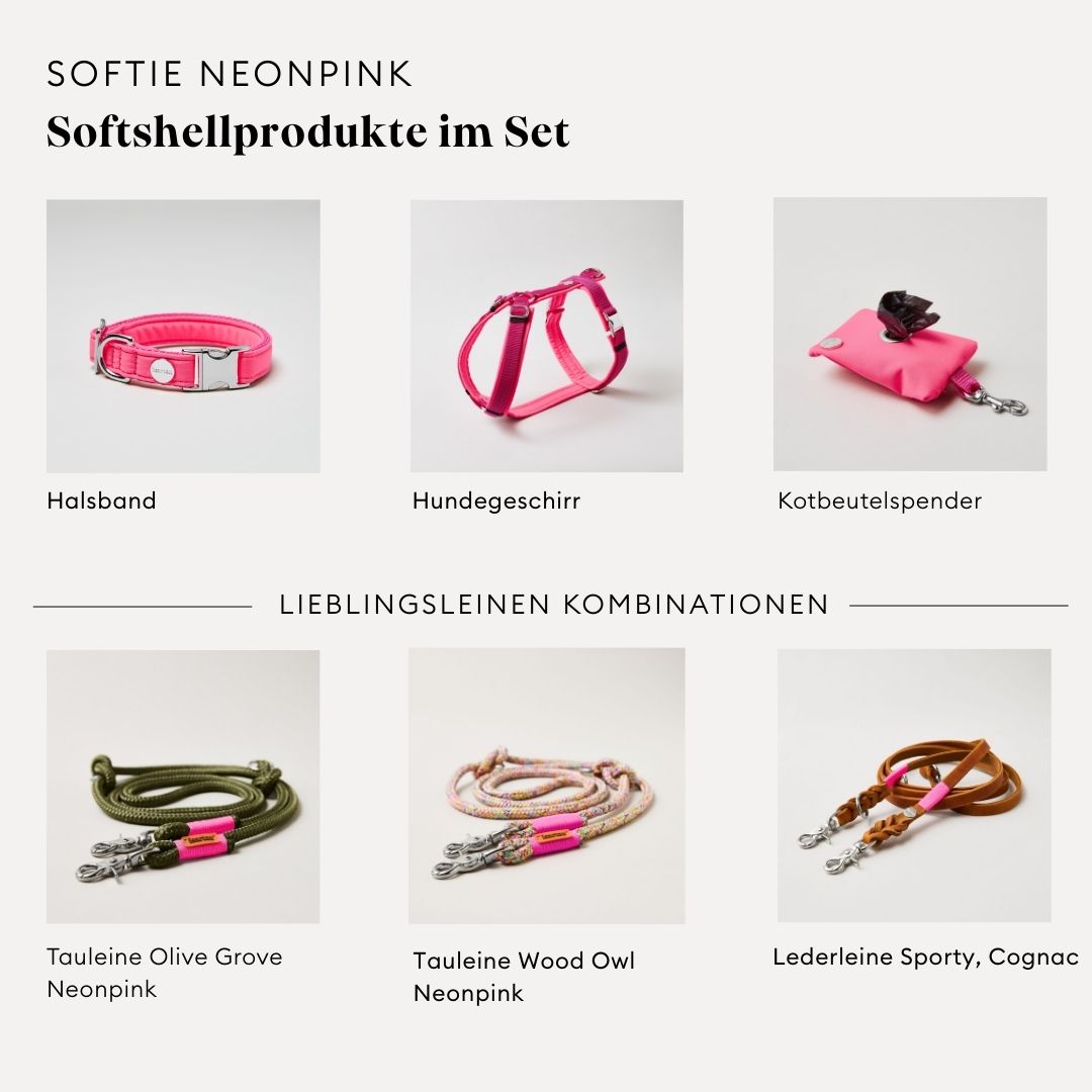 isartau Softie Neonpink, Hundegeschirr, Halsband und Kotbeutelspender im Set kombiniert
