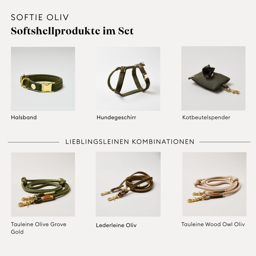 isartau Softie Oliv, Hundegeschirr, Halsband und Kotbeutelspender im Set kombiniert