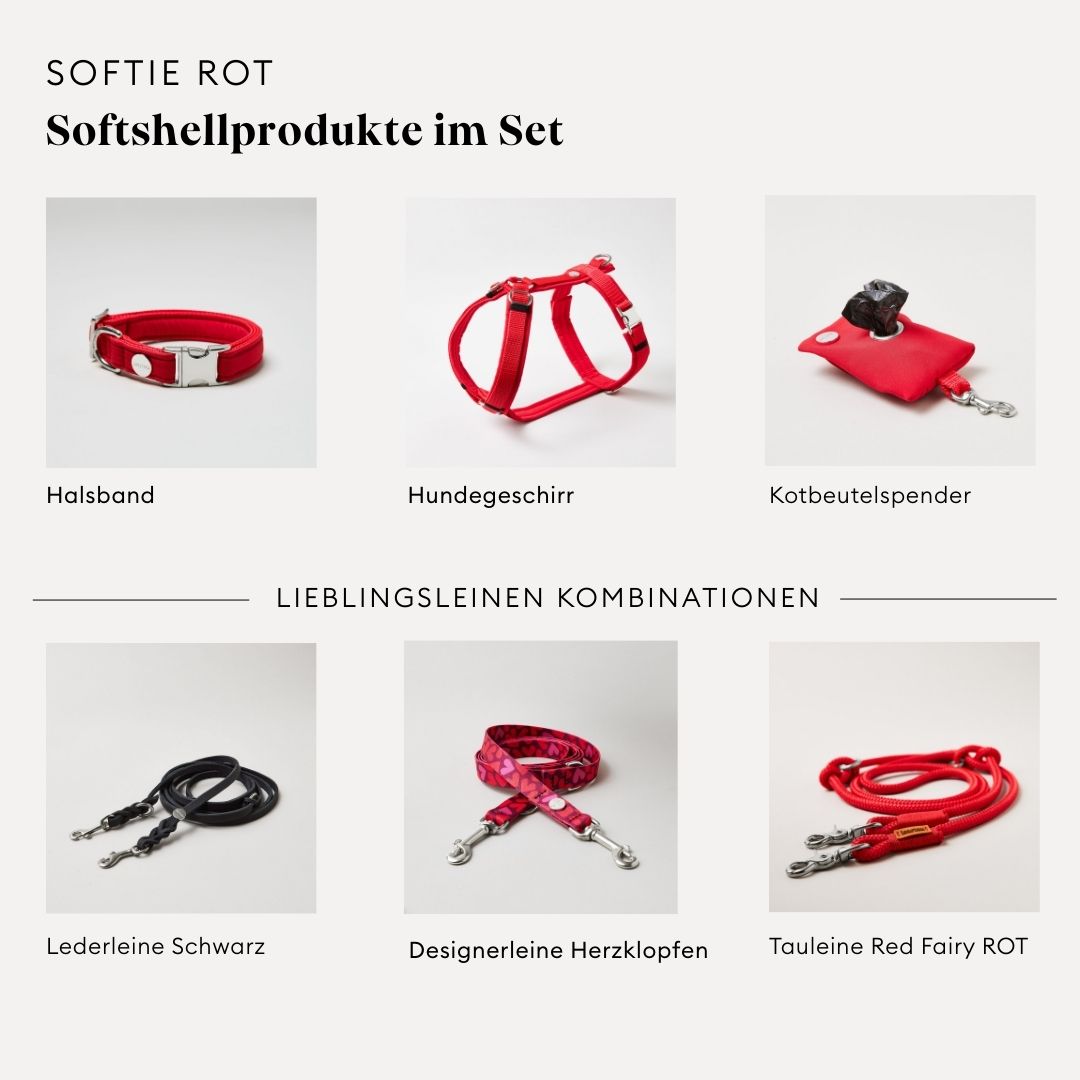 isartau Softie Rot, Hundegeschirr, Halsband und Kotbeutelspender im Set kombiniert
