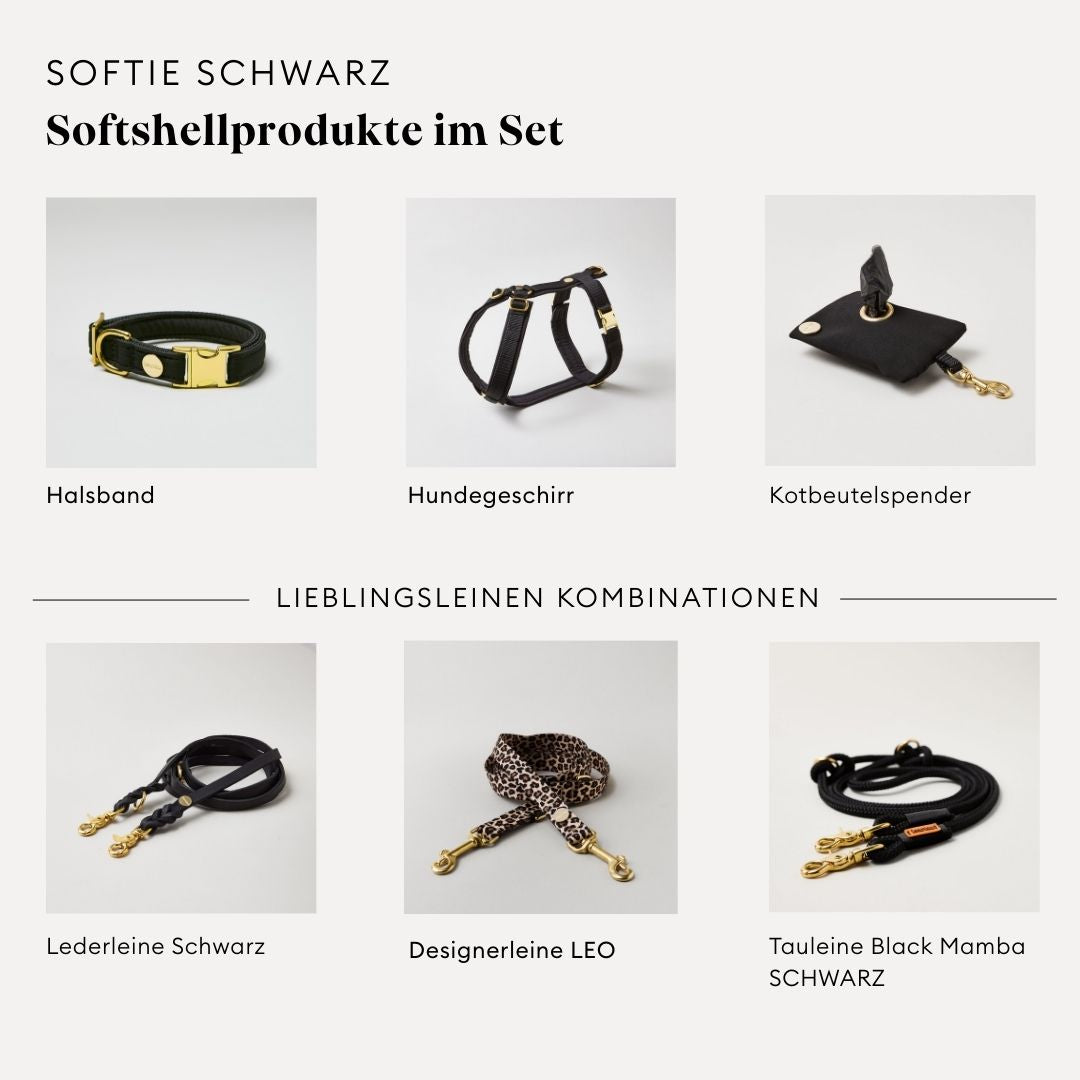 isartau Softie Schwarz, Hundegeschirr, Halsband und Kotbeutelspender im Set kombiniert