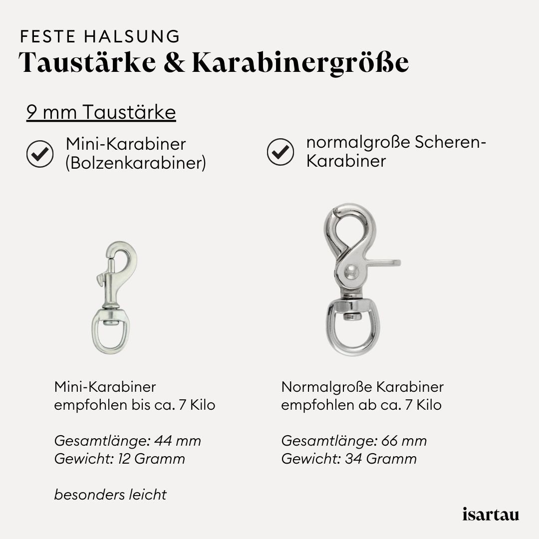 Karabinergrößen für Tauhalsbänder im Vergleich, silberne Beschläge