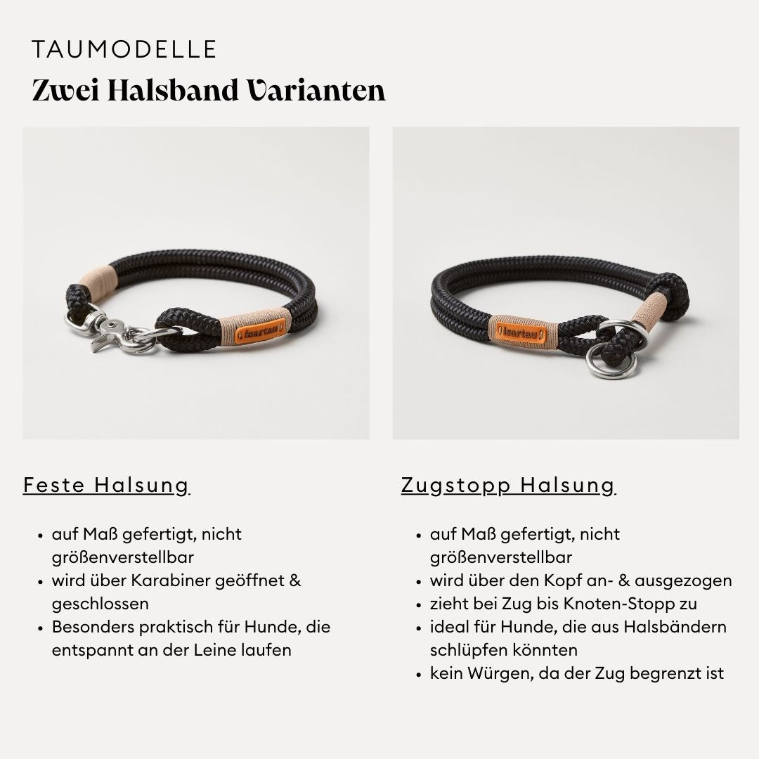 isartau Tauhalsbänder im Modellvergleich: feste Halsung zum Öffnen über Karabiner, Zugstopp-Halsung mit Ring zum Durchziehen