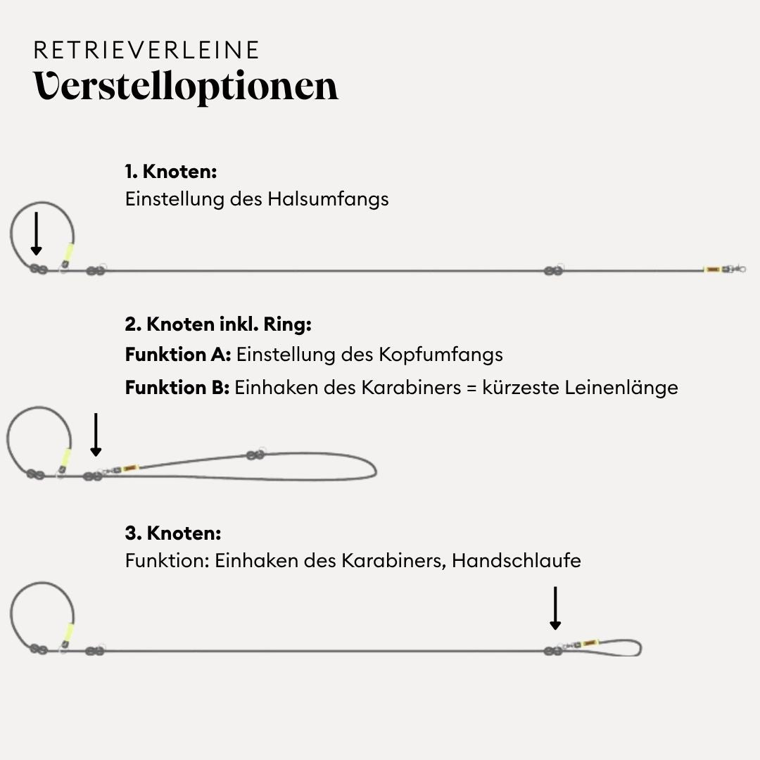 Verstelloptionen der isartau Retrieverleine mit integrierter Halsung