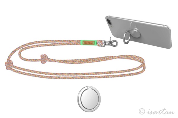 Handykette mit silberfarbenem Karabiner und Takelung in Mint, mit Handy-Halterring