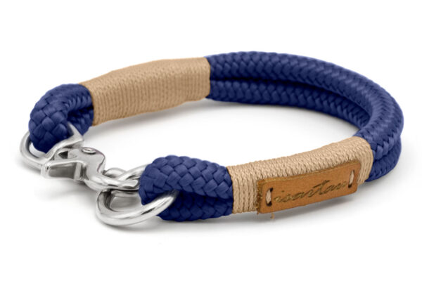 Festes Halsband mit Karabiner aus dunkelblauem Softtau mit beiger Takelung