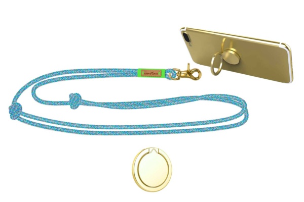 Handykette mit Handy-Halterring silberfarben und Takelung in Neon-Grün